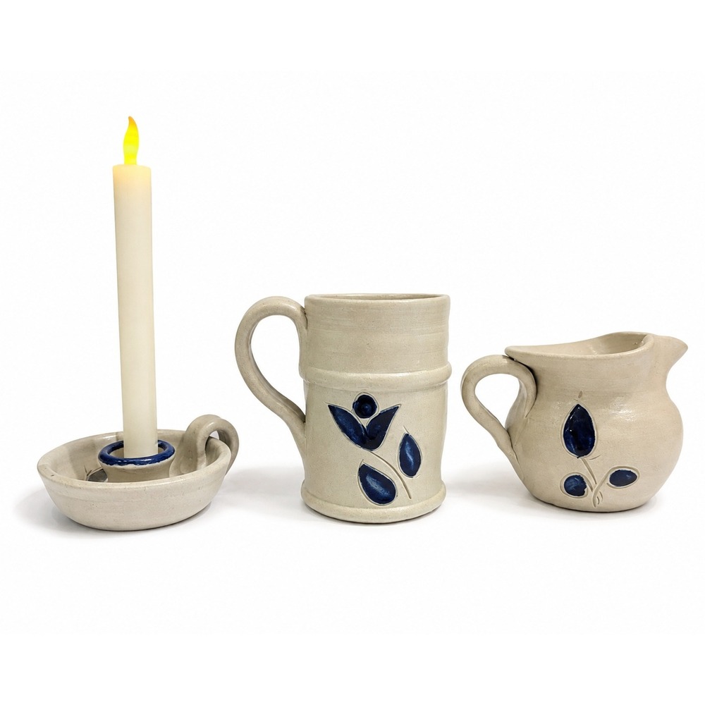 Williamsburg Pottery Salt Glaze Stoneware Set 3pc Pitcher Mug Candle Holder Blue